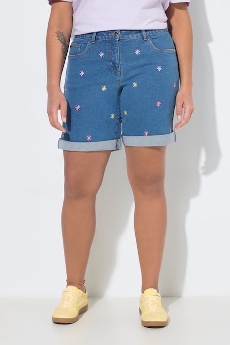 Flower Embroidered Stretch-Fit Denim Bermuda Shorts