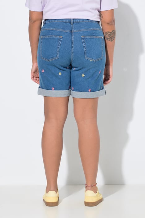 Flower Embroidered Stretch-Fit Denim Bermuda Shorts