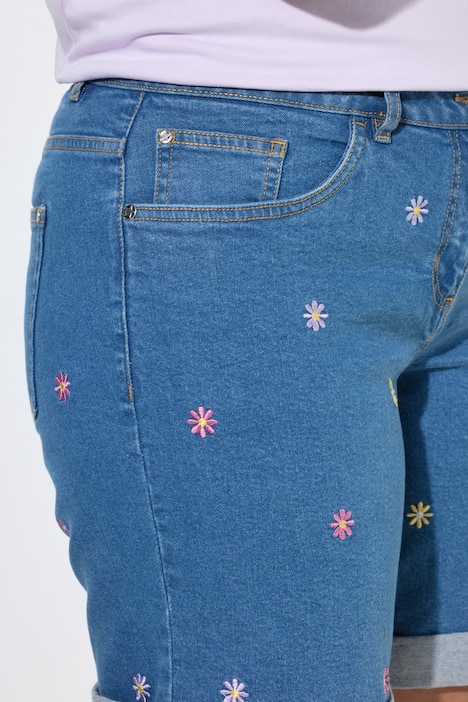 Flower Embroidered Stretch-Fit Denim Bermuda Shorts
