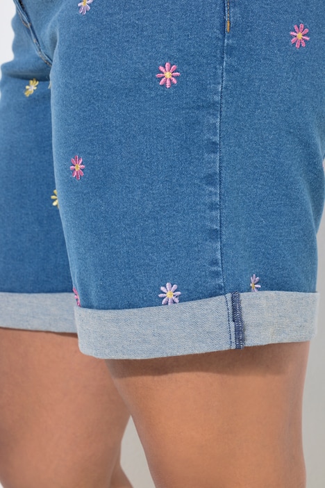 Flower Embroidered Stretch-Fit Denim Bermuda Shorts