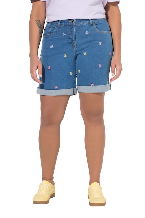 Džínové kraťasy, rovný střih, 5 kapes, vyšívané květiny