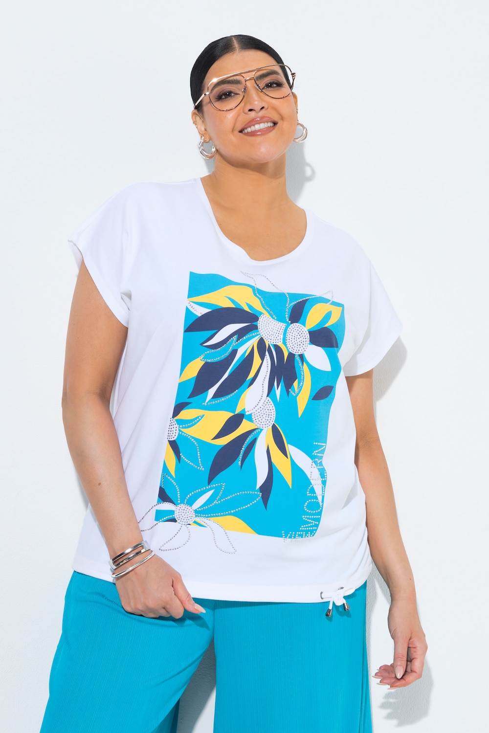 T-Shirt, Blätter, Oversized, Rundhals, Halbarm, Saumband