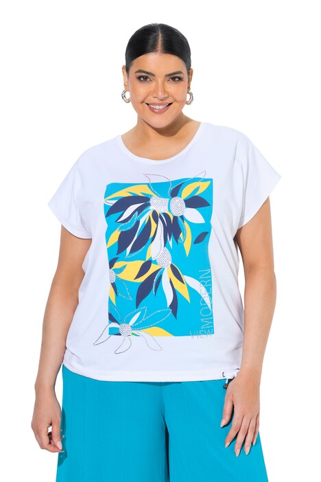 T-Shirt, Blätter, Oversized, Rundhals, Halbarm, Saumband