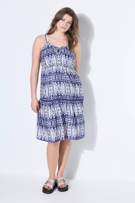 Sukienka midi, bez rękawów, krój w kształcie litery A, paski, ozdobne tasiemki