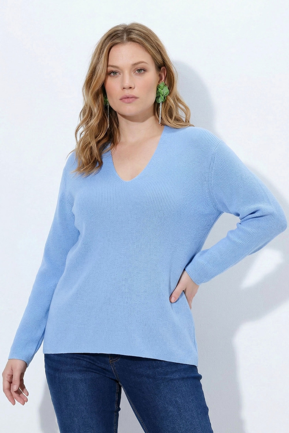 Pullover, Kelchkragen, V-Ausschnitt, Langarm, Biobaumwolle