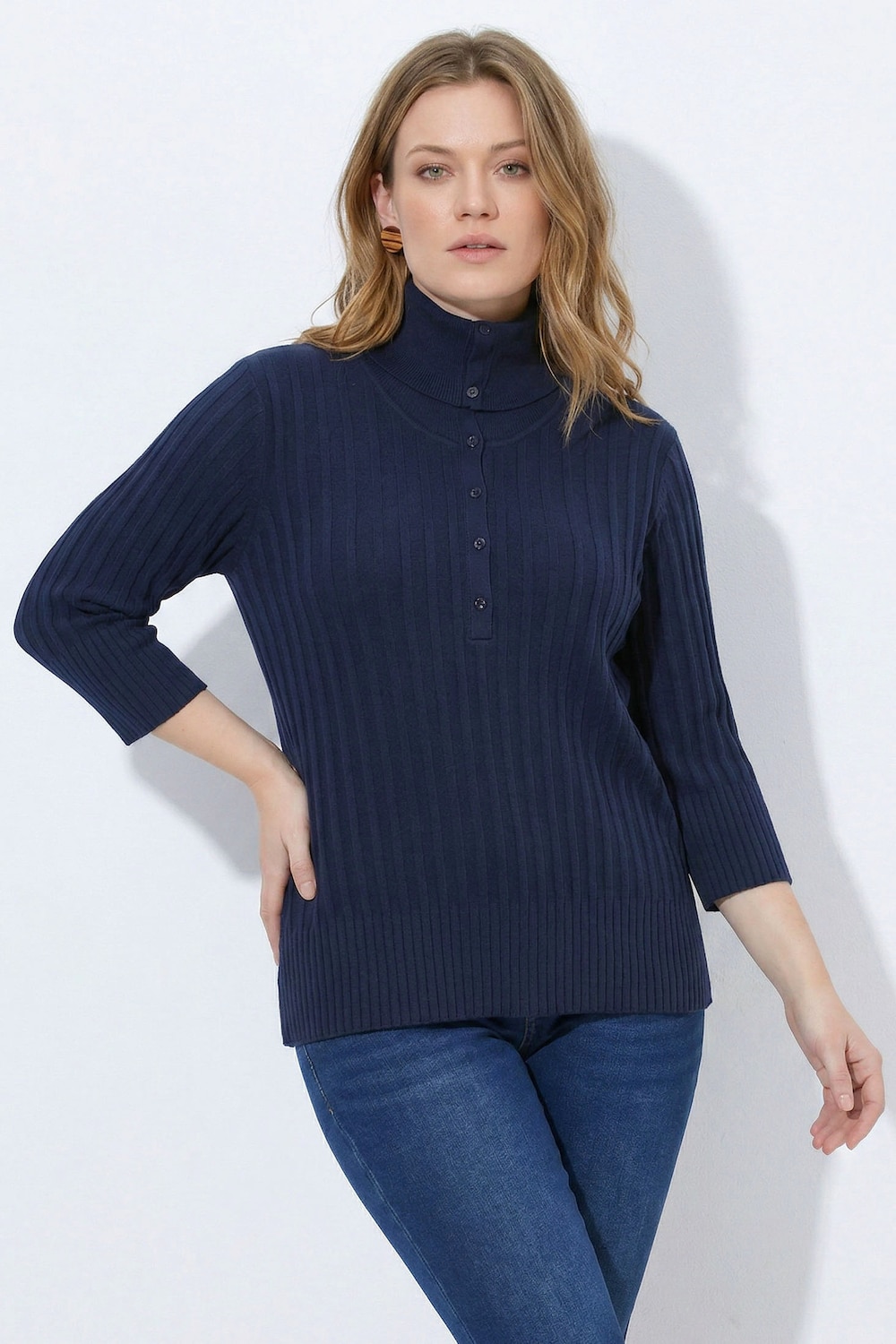 Pullover, Rippstrick, Rollkragen, 3/4-Arm, Biobaumwolle