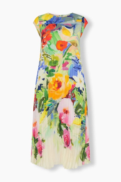 Maxi-Plisseekleid, Blüten-Muster, kurze Cup-Ärmel