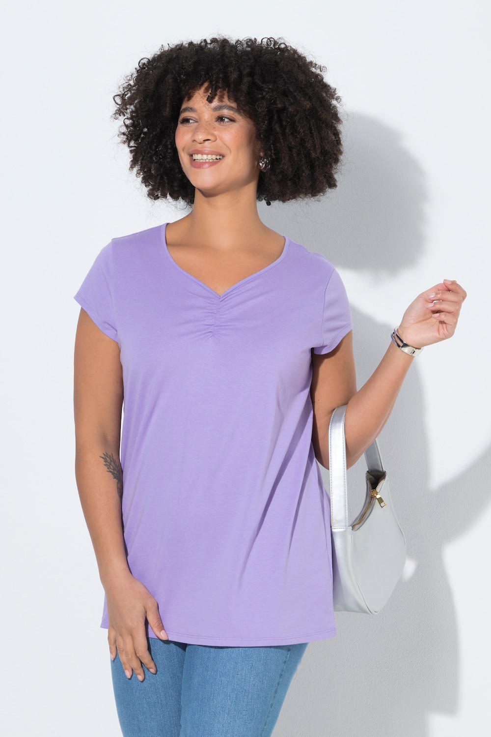 T-Shirt, bequeme Passform, Herz-Ausschnitt mit Raffung