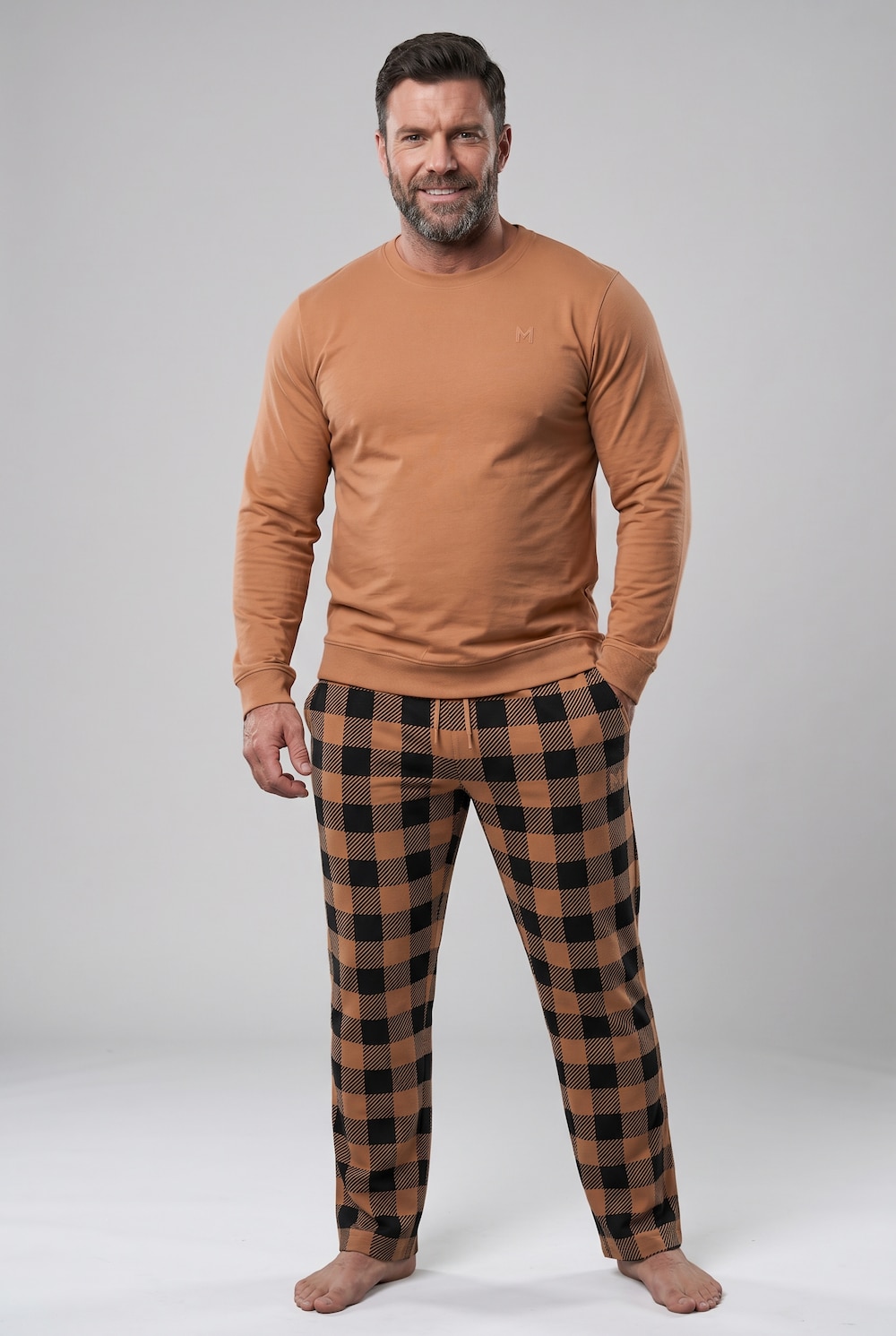 Schlafanzug, Zweiteiler, Bauchfit, Karo, Langarm, bis 8 XL