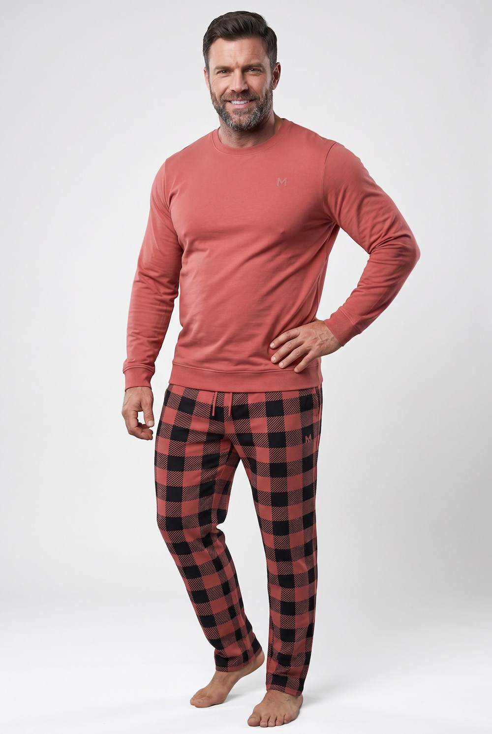 Schlafanzug, Zweiteiler, Bauchfit, Karo, Langarm, bis 8 XL