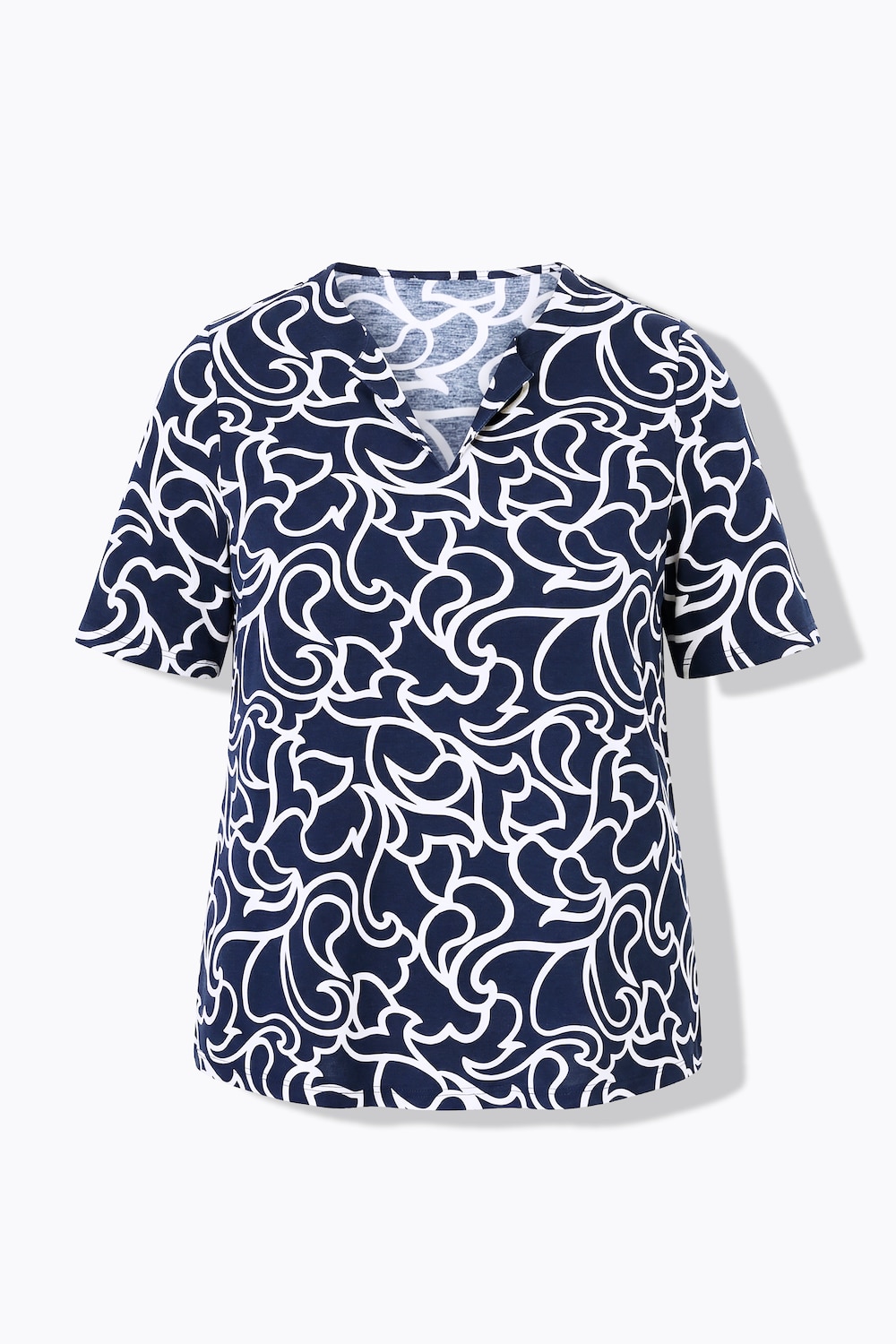 Stora storlekar T-shirt i A-linjemodell med V-ringning och kort ärm, Dam, blå, storlek: 54/56, Bomull, Ulla Popken