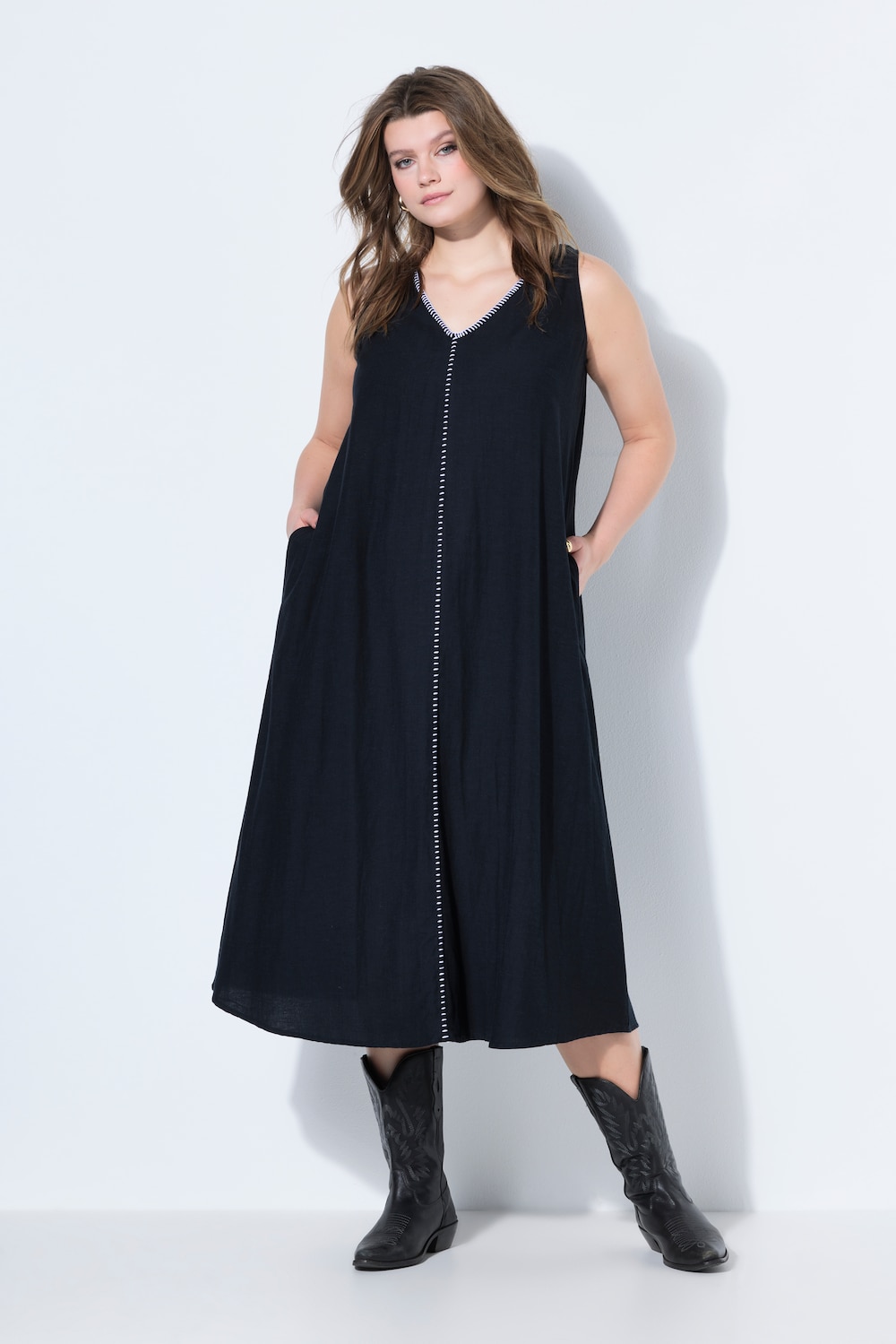 Maxikleid, A-Line, Einfassungen, ärmellos