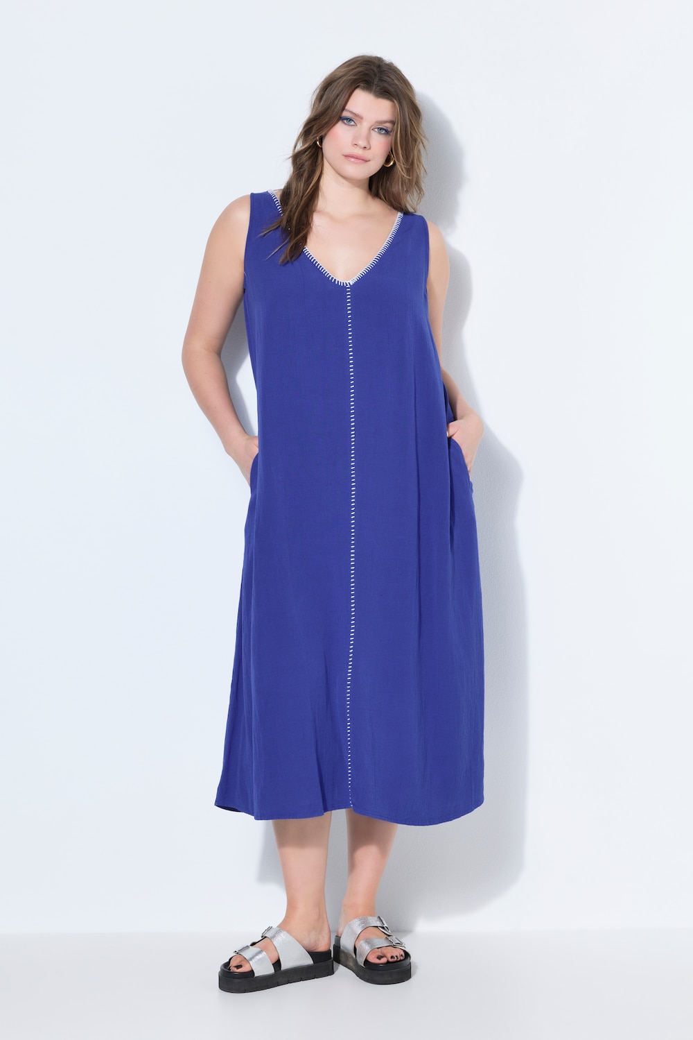 Maxikleid, A-Line, Einfassungen, ärmellos