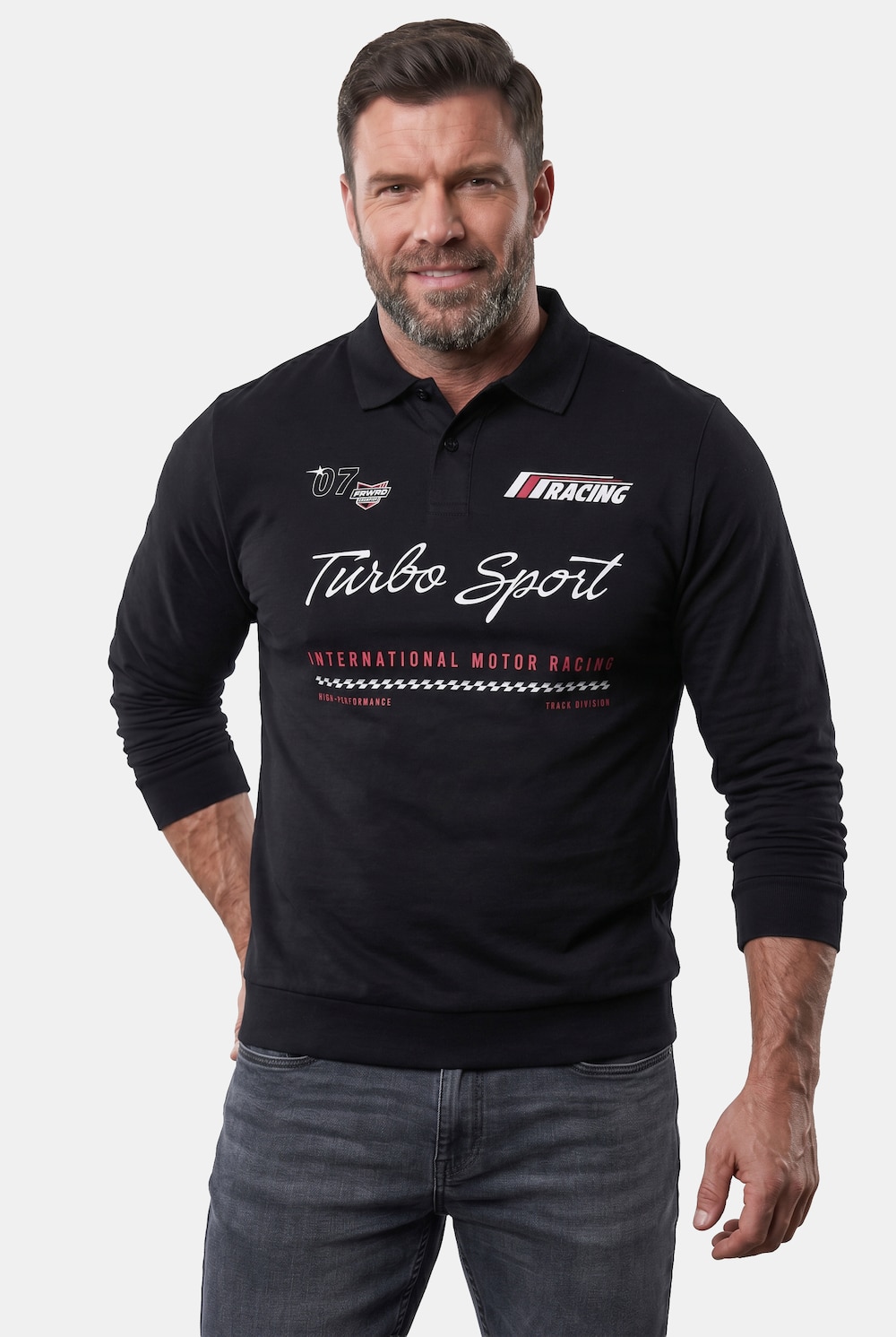 Poloshirt met lange mouwen, buik-fit, borstprint, tot 8XL