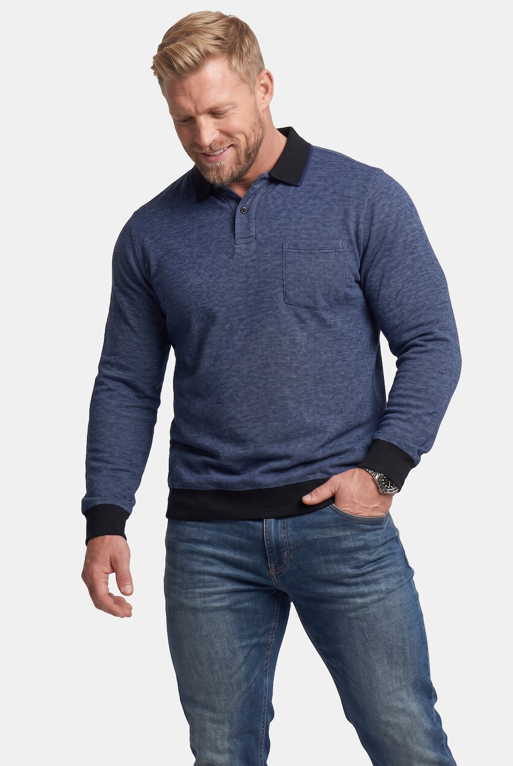 Poloshirt med lange ærmer til mænd, mavepasform, piqué, kontraster, op til 8 XL