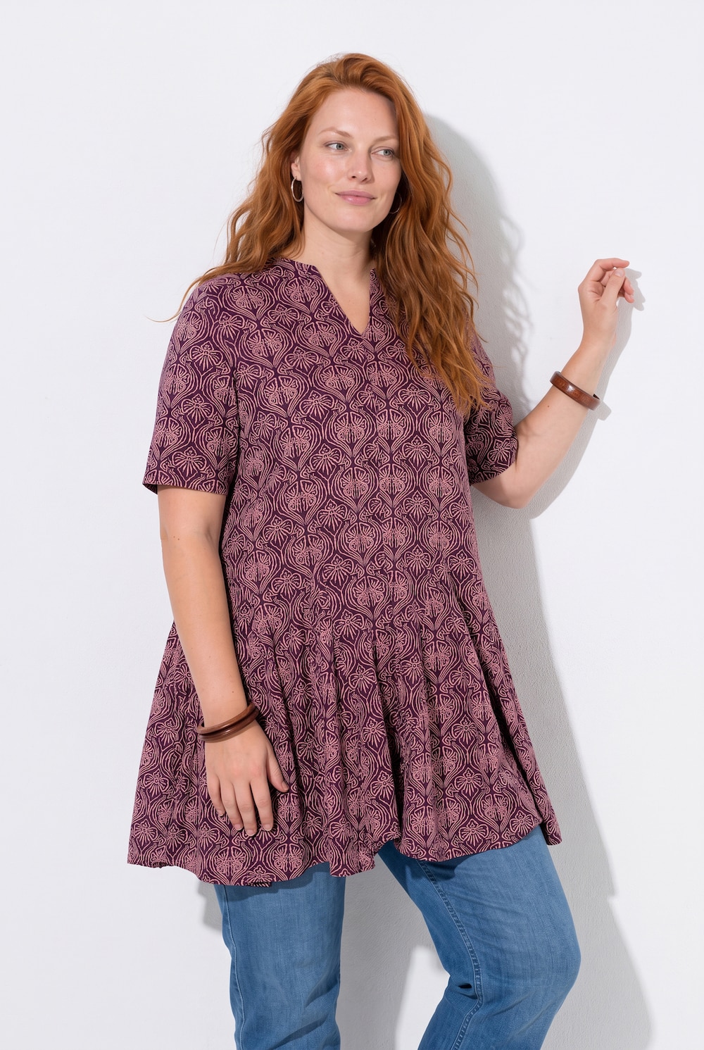 Shirt, Godetfalten, Tunika-Ausschnitt, 1/2-Arm