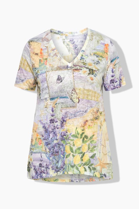 T-Shirt, A-Linie, Glitzersteinchen, Blumenmuster