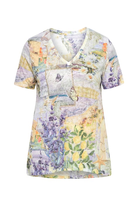 Tričko, áčkový střih, třpytivé kamínky, květinový vzor