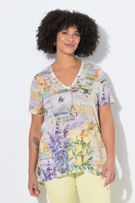 T-Shirt, A-Linie, Glitzersteinchen, Blumenmuster