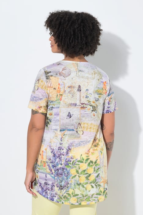 T-Shirt, A-Linie, Glitzersteinchen, Blumenmuster