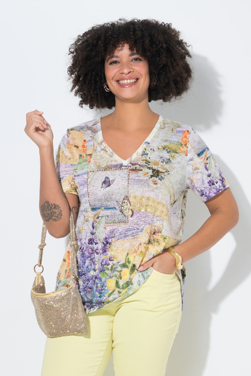 T-Shirt, A-Linie, Glitzersteinchen, Blumenmuster