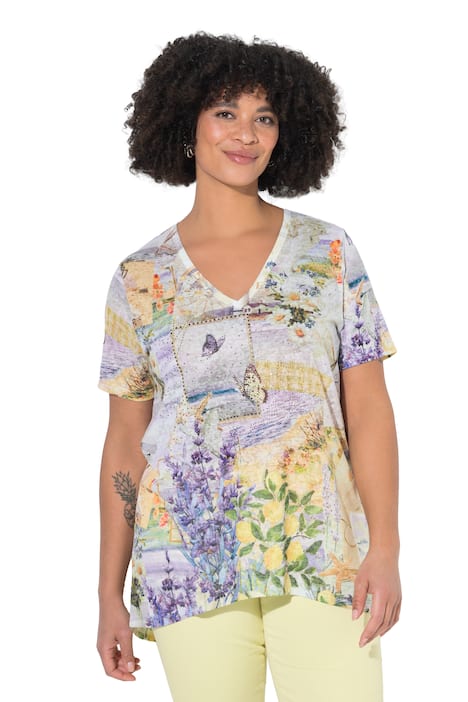 Tričko, áčkový střih, třpytivé kamínky, květinový vzor