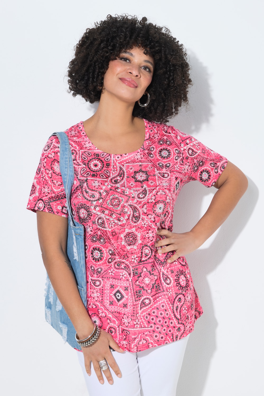 T-Shirt, bequeme Passform, Glitzersteinchen, Paisley-Muster