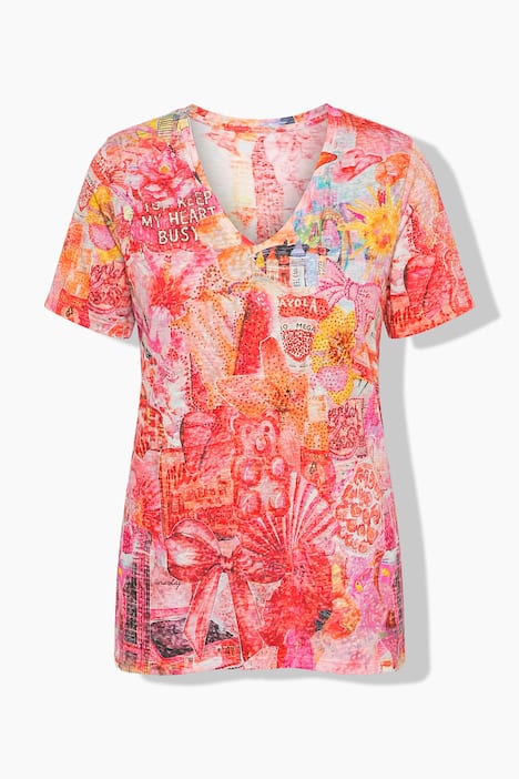T-Shirt, A-Linie, Glitzersteinchen, Sommer-Muster