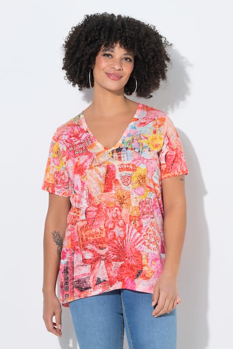 T-Shirt, A-Linie, Glitzersteinchen, Sommer-Muster