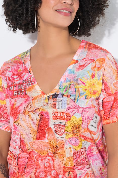 T-Shirt, A-Linie, Glitzersteinchen, Sommer-Muster