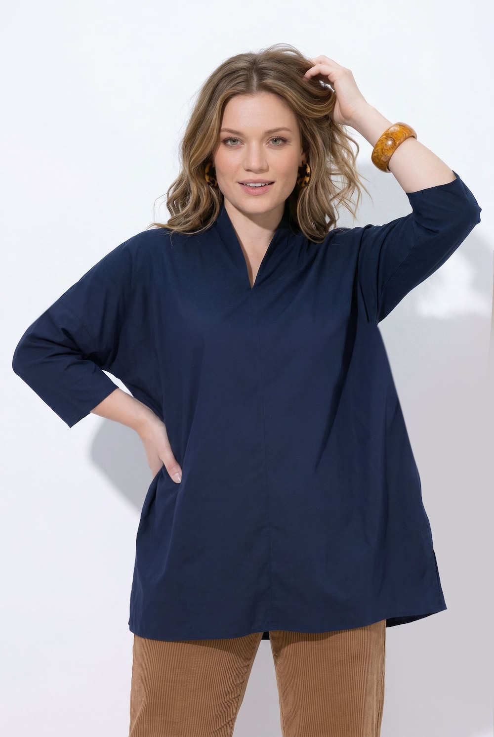 Bluse, Ziernaht, Kelchkragen, 3/4-Arm, Biobaumwolle