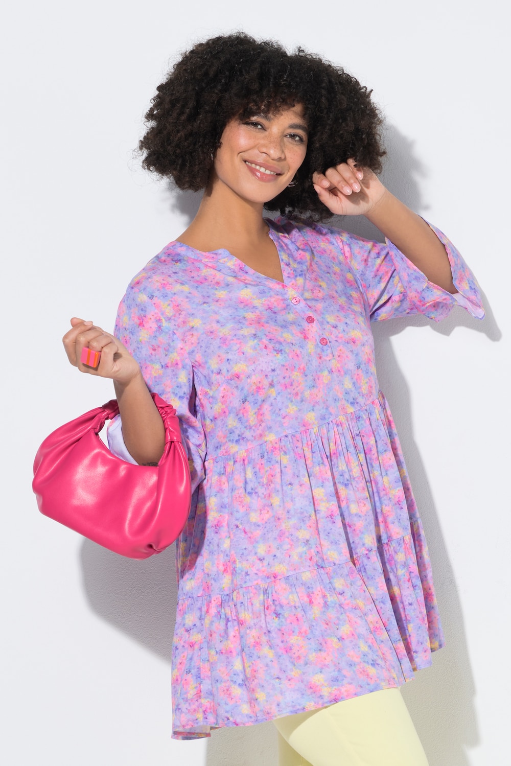 Bluse, A-Linie, Blümchen-Muster, 3/4-Ämel, Volants