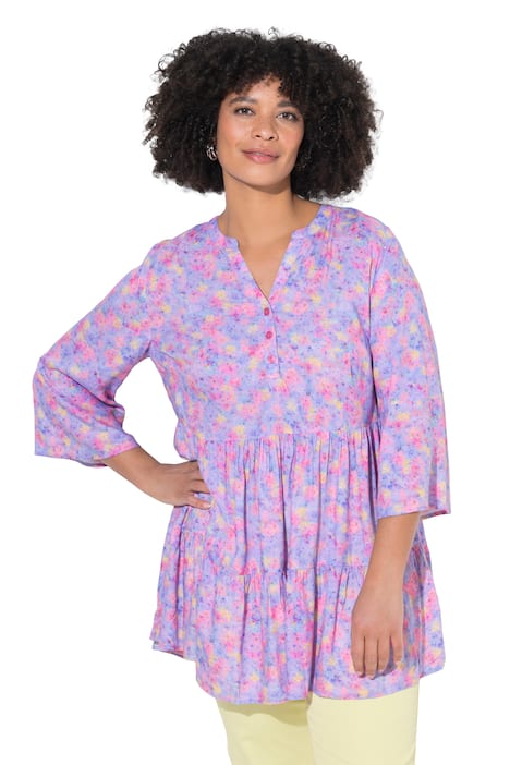 Halenka, áčkový střih, květinový potisk, 3/4 rukávy, volánky