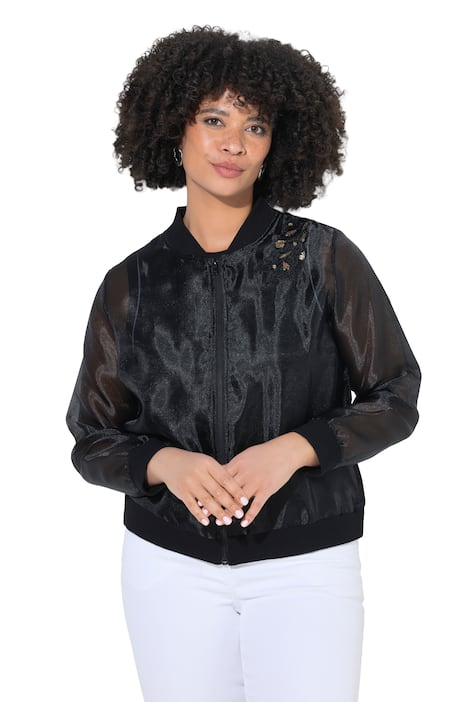 Bunda ve stylu college, volný střih, mírně průhledná, výšivky