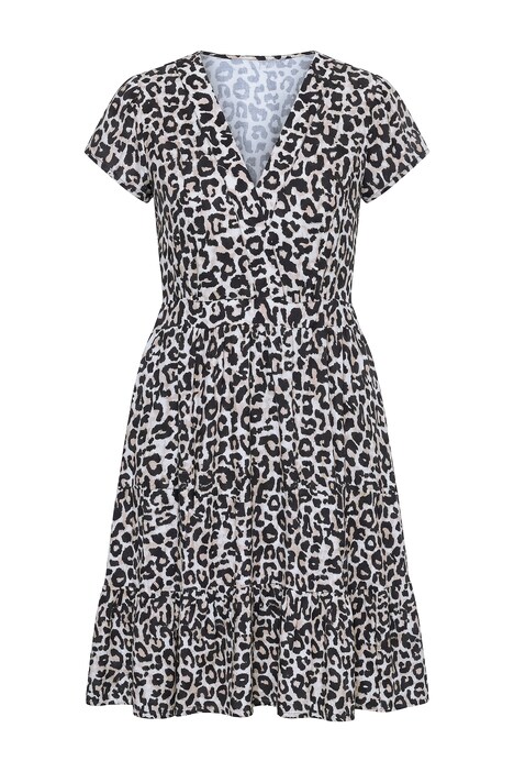 Midi šaty, áčkový střih, leopardí vzor, pružný pás, volánek na lemu