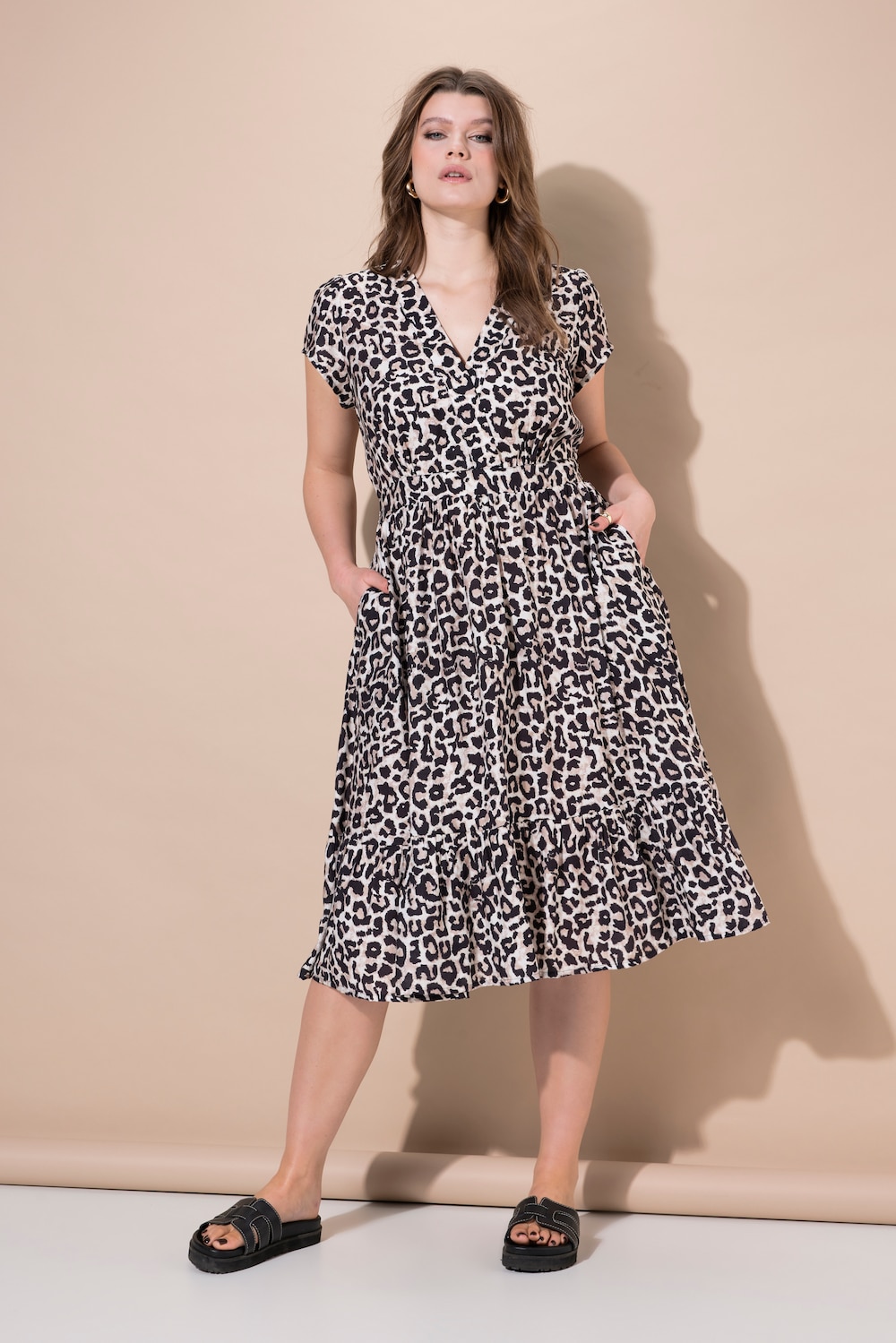 Midikleid, A-Line, Leo, elastische Taille, Saumvolant