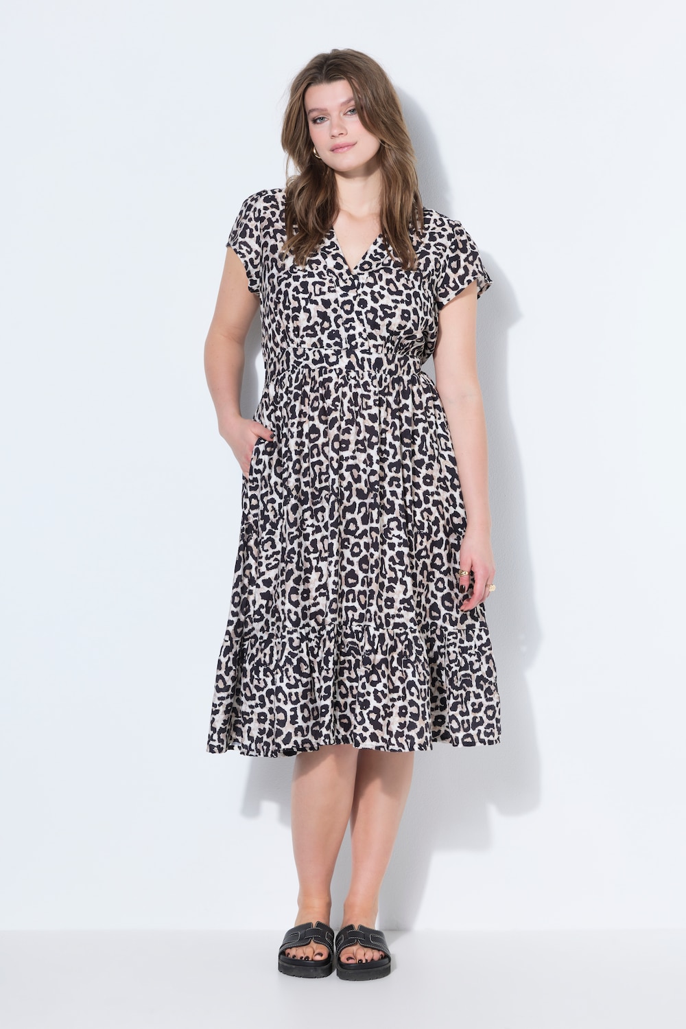 Midikleid, A-Line, Leo, elastische Taille, Saumvolant