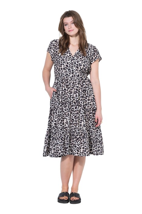 Midi šaty, áčkový střih, leopardí vzor, pružný pás, volánek na lemu
