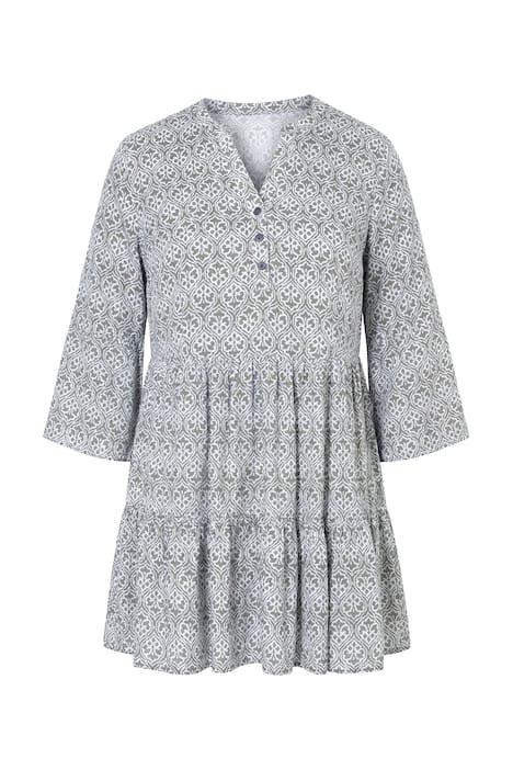 Dlouhá tunika, áčkový střih, ornamentální vzor, 3/4 rukávy, volánky