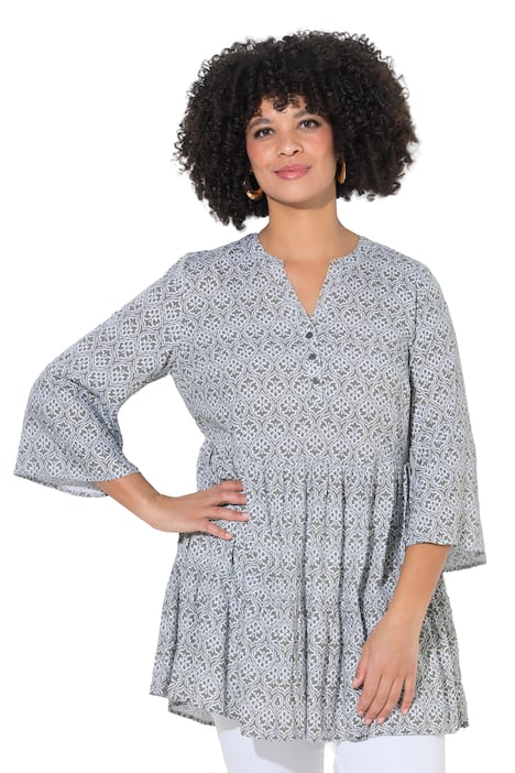 Dlouhá tunika, áčkový střih, ornamentální vzor, 3/4 rukávy, volánky