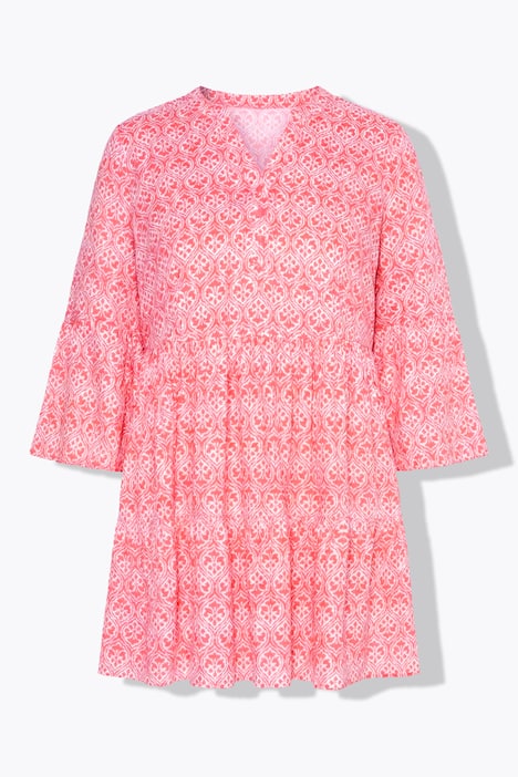 Tunika długa, trapezowy krój, wzór z ornamentami, rękaw 3/4 z falbaną