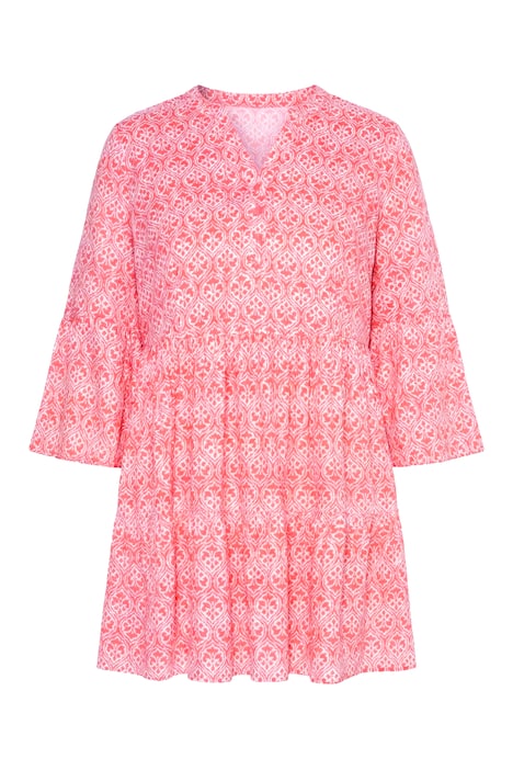 Dlouhá tunika, áčkový střih, ornamentální vzor, 3/4 rukávy, volánky