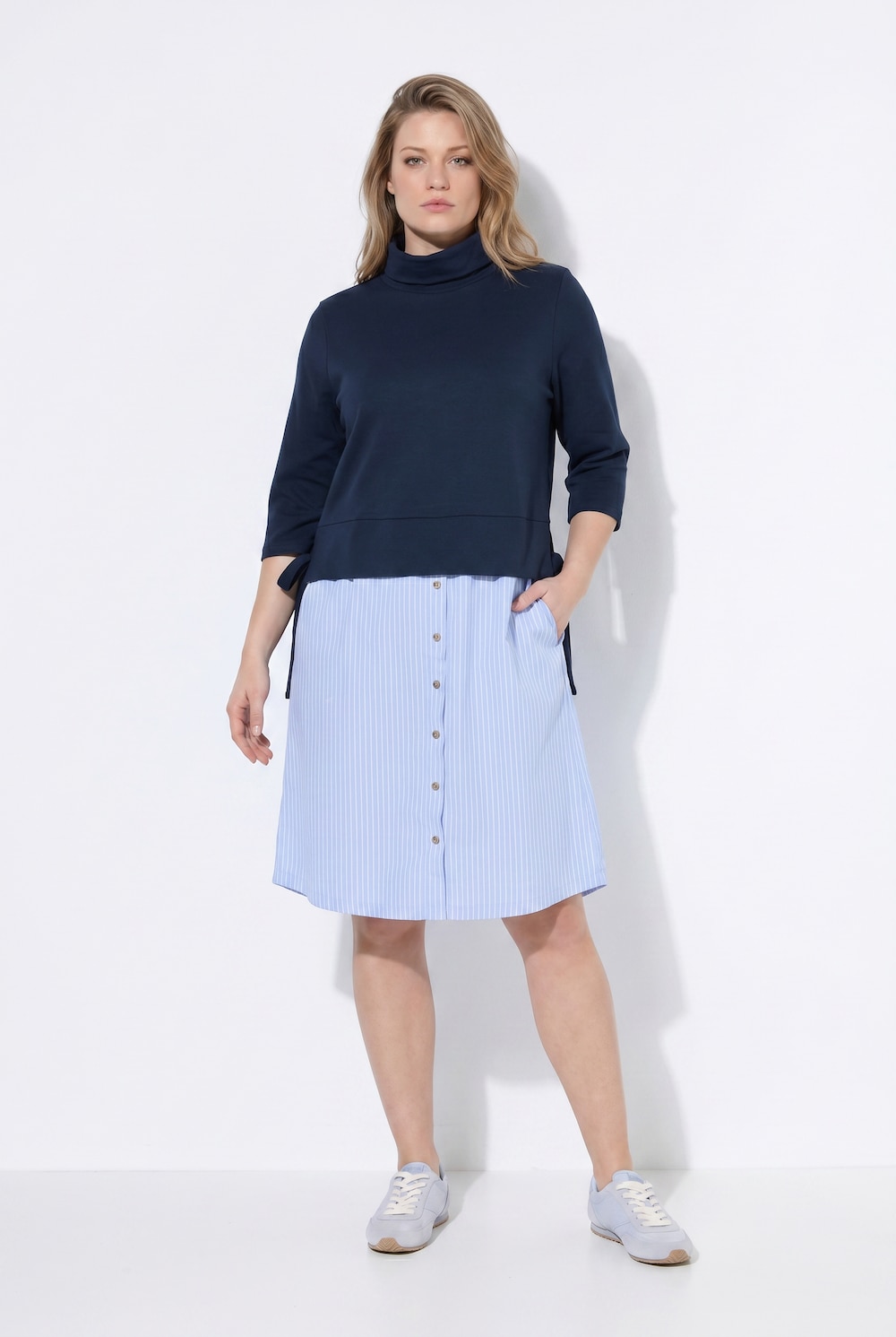 Kleid, Materialmix, Rollkragen, 3/4-Arm, Biobaumwolle