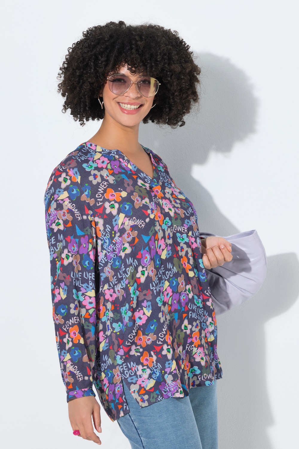 Bluse, A-Linie, Struktur, Blümchen-Muster, Langarm