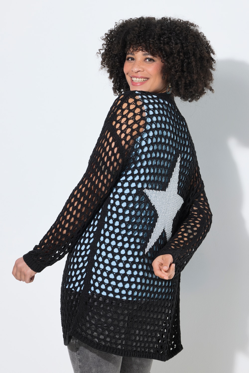 Strickjacke, Relaxed Fit, Lochstrick, Rückenstern