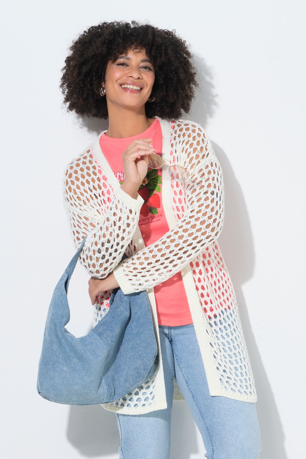 Strickjacke, Relaxed Fit, Lochstrick, Rückenstern