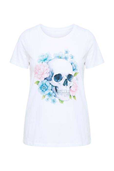 Tričko, pohodlný volný střih, motiv lebky s květinami