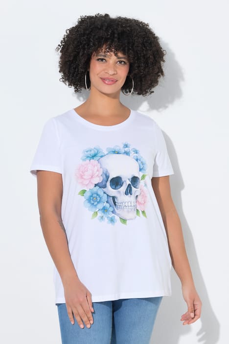 T-shirt, comfortabele pasvorm, doodshoofd met bloemen