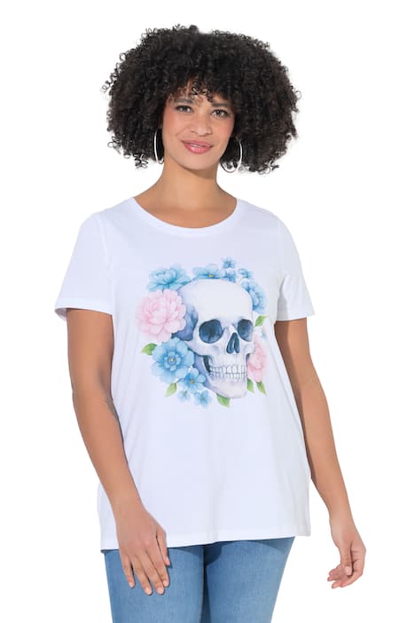 Tričko, pohodlný volný střih, motiv lebky s květinami