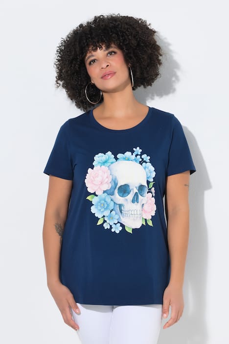 T-shirt, comfortabele pasvorm, doodshoofd met bloemen